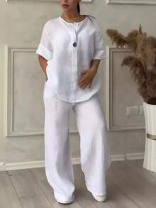 2025 Summer Fashionista V-Neck Long Sleeve Long Pants Multicolor Cotton And Linen Women's Suit - White - View 2