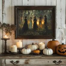 1 pieza, Arte de pared de lienzo de Halloween, Impresión de arte de pared de bruja vintage, Descarga de arte de pared de estilo melancólico, Decoración de estilo rural de arte oscuro, Adecuado para otoño, Halloween, Temporada de fantasía y terror, Decoración de bruja