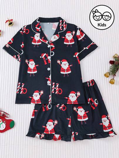 2 件套儿童圣诞主题短袖睡衣套装 - 黑色领衬衫和宽松荷叶边下摆短裤，全身可爱圣诞老人印花，舒适休闲儿童睡衣套装，适合日常穿着和节日聚会，可机洗