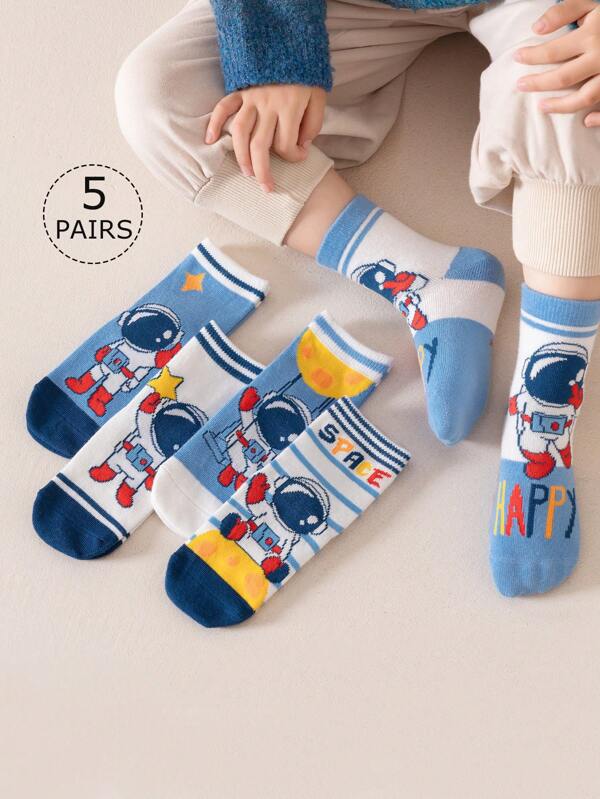 5 paires de chaussettes mi-mollet pour enfants, couleurs contrastées blanc, bleu, jaune, motifs de fusée, lettre, étoile, rayures. Style adorable, convient pour le printemps et l'été, chaussettes décontractées, adaptées aux élèves, porter au quotidien, pour la rentrée, le nouveau semestre, la classe, mode polyvalente
