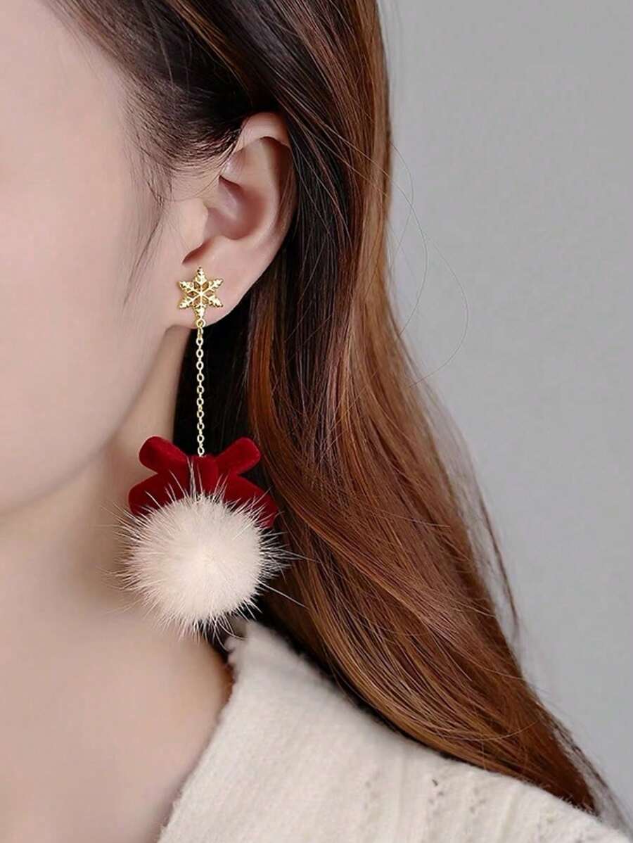 1 对可爱百搭圣诞驯鹿毛球流苏耳环，适合女性任何场合