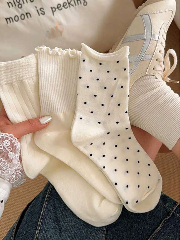4 Pairs Women's Cute Polka Dot&Ruffles Comfortable Casual Crew Mid Calf Socks, White Socks, Colors Random, Suitable For Daily Use, For Spring&Summer