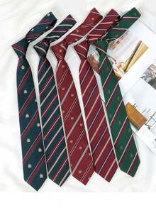 1 Pc Men's Casual Striped Polyester Necktie, Suitable For Formal And Business, Burgundy & Navy Stripe - Multicolor - View 8