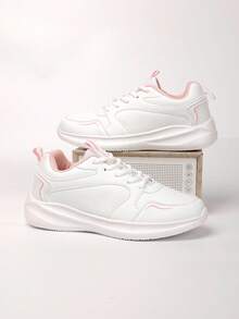 女士时尚休闲运动鞋，耐脏且易于清洁的简约鞋，防滑系带跑鞋 - 白色 - 查看 7