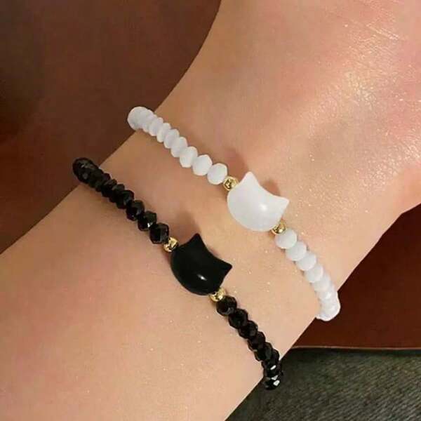 Set de 2 pulseras con dijes de cabeza de gato de cristal multicolor, pulseras a juego para parejas, amigos, accesorios para uso diario o fiesta