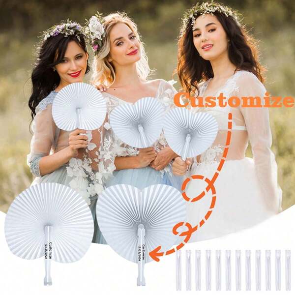 5/10/20pcs Customized White Folding Paper Fans With Heart-Shaped Plastic Handles, Suitable For Weddings, Souvenirs, Parties, Durable, Colorful, Cute For Birthday, Children's Day, Father's Day, Graduation, Wedding, Housewarming
