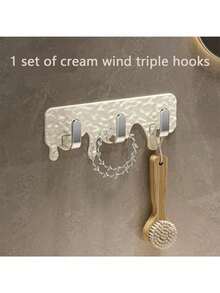 1pc Cream Colored Triple Hook Adhesive Bathroom Wall Hanging Rack, No Drilling Required