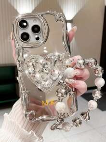 1 套 3 件（手机壳 + 支架 + 挂绳）个性化字母定制手机壳，一套水钻闪亮心形支架适用于 电镀银色新款手链手机绳手机壳套装，定制字母名称，复古纯色情侣手机壳 - 銀色 - 查看 2