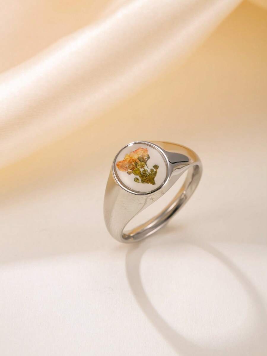 1 pieza Anillo elegante de acero inoxidable dorado y plateado con flores secas incrustadas (cada flor es única, precaución para compradores exigentes), disponible en múltiples tallas, adecuado para uso diario de la mujer o como regalo