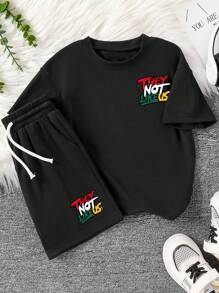 Tween Boy Letter Graphic Print Crew Neck Short Sleeve T-Shirt And Shorts Set