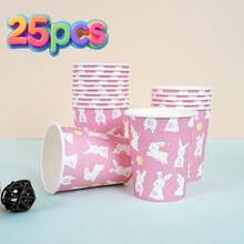 9盎司可爱粉色兔子一次性纸杯 - 卡通动物派对杯，适合10/25位客人 | 生日、野餐、露营、新娘送礼会礼物 - 彩色 - 查看 8