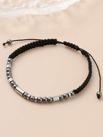 1pc Fashionable Unique Simple Morse Code Beaded Bracelet, Black Agate Stones, Gift For Father's Day, Men
