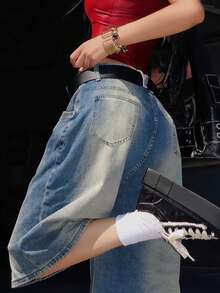 Women's Pocketed Wide Leg Loose Retro Split Jeans (Belt Not Included) - Medium Wash - View 4