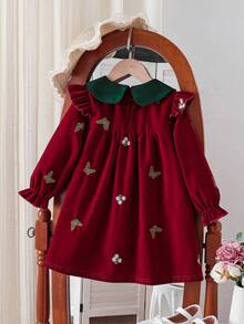 Girls' Vintage/Velvet Dress, Floral Embroidered Butterfly Contrast Color Peter Pan Collar Loose Dress, Sweet Princess Style For Spring/Autumn, Suitable For Family Gathering, Christmas Party, Special Occasion, Daily Wear - Màu Đỏ Sâu - Xem 3
