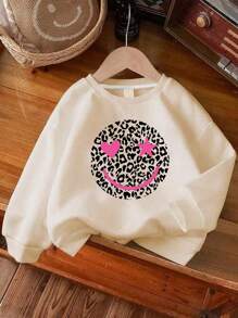 1 Girl's Long Sleeved Round Neck Pullover With A "Smiling Face" Print Pattern, Providing A Comfortable, Stylish, And Casual New Autumn/Winter Season Top For Young Girls/Tween Girls/Teen Girls,Patterned Sweatshirts
