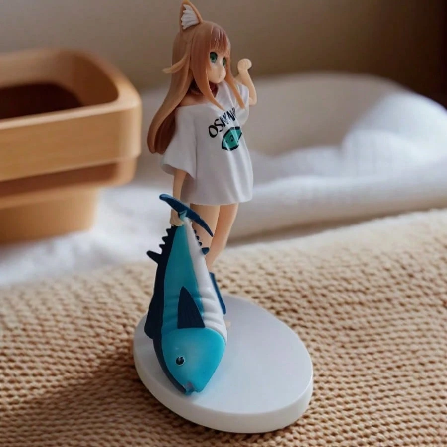 Resin figure of an anime-style cat girl, 18 cm tall, wearing a white dress with a fish design and holding a shark plush toy