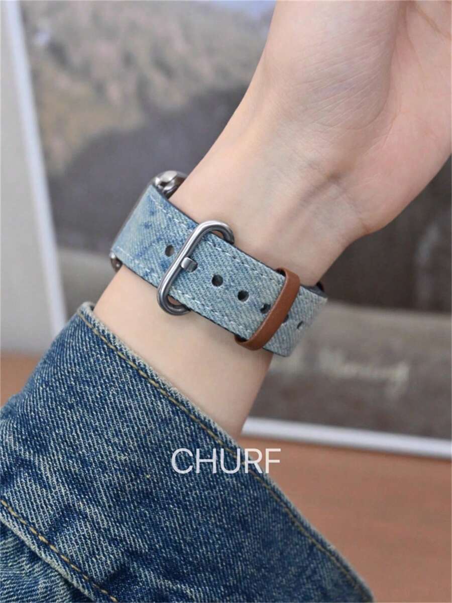 时尚牛仔布和金属表带 - 兼容 38/40/41/42/44/45/49 毫米，适合 1-8/SE/Ultra 系列，银色带扣，时尚设计，配饰 - 復古藍 - 查看 1