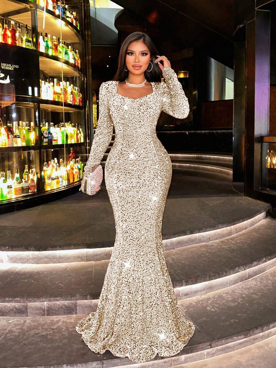 CHOSMO Đầm dạ hội dài tay đính sequin dáng đuôi cá mùa thu mới dành cho nữ, đầm dự tiệc sang trọng, thanh lịch ôm sát eo cao, thích hợp cho đám cưới, tiệc mùa xuân.