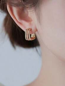 1pair Fashionable Cubic Zirconia Decor Geometric Cuff Hoop Earrings For Women For Daily Decoration - Yellow Gold - View 3