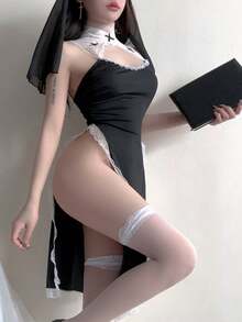 Sexy Weight Loss Clothes, Temptation Sexy Lingerie, Role Play Pajamas, Lace Patchwork High Slit Uniform Set With White Stockings, Valentine's Day Gift [Recommended Weight: 100 Lbs-140 Lbs] - 黑色 - 查看 2