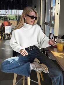 FOR BEAUTY Women's Autumn/Winter New High Neck White Simple Commuting Style Sweater, Fashionable Slim Fit, Elegant Fashion, Ribbed Long Sleeve Daily Leisure And Versatile Commuting Lazy Style Warm Knitted Sweater Top New Year