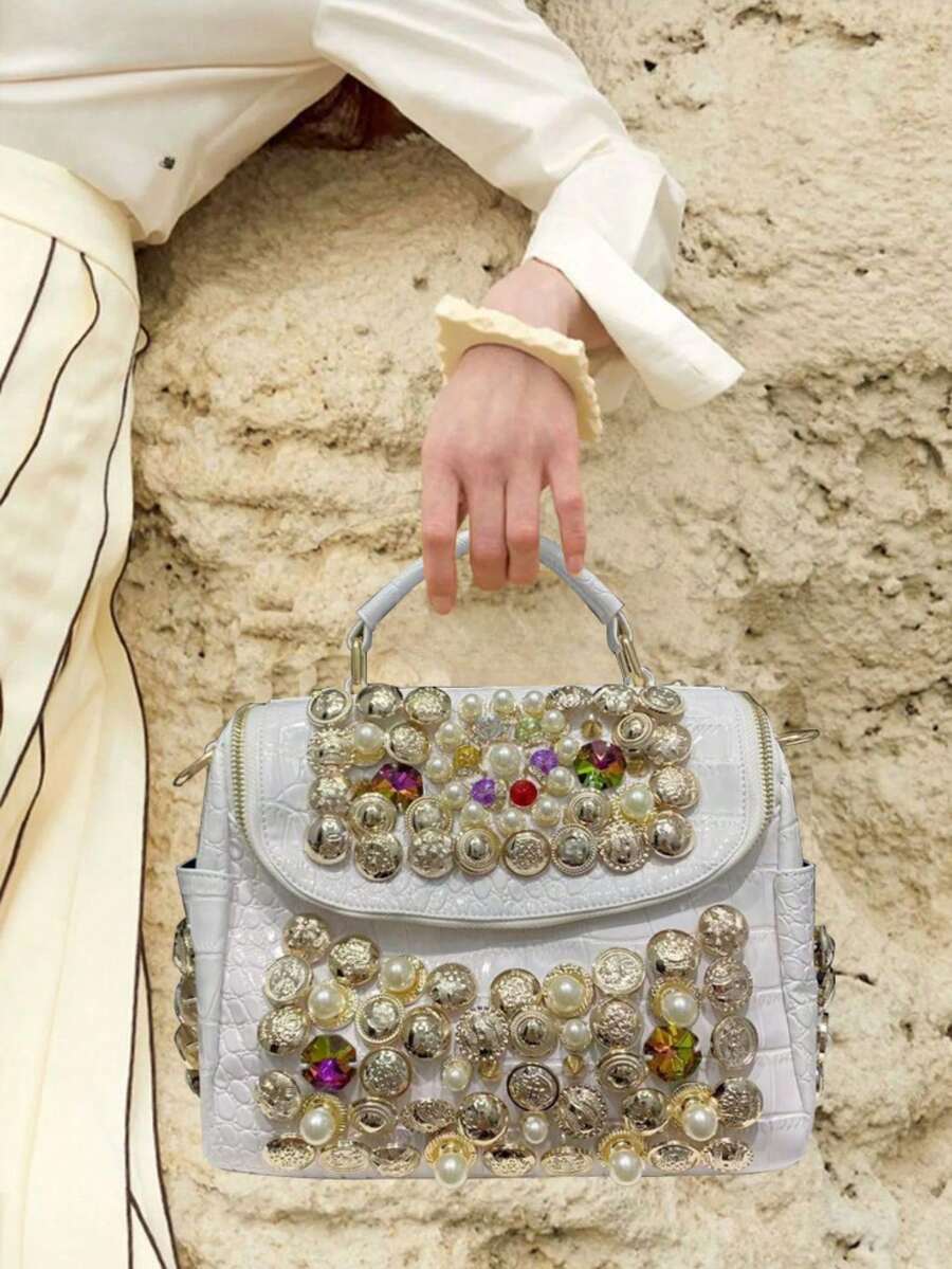 Ladies' Fashionable And Elegant Diamond Embellished Shoulder Bag, Luxurious Pearl Handbag, Large Capacity Banquet Crossbody Bag, Perfect For Daily Use And Dinners - 白色 - 查看 1