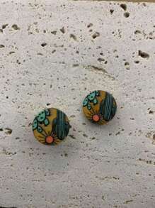 女士简约西式沙漠仙人掌印花木质耳钉