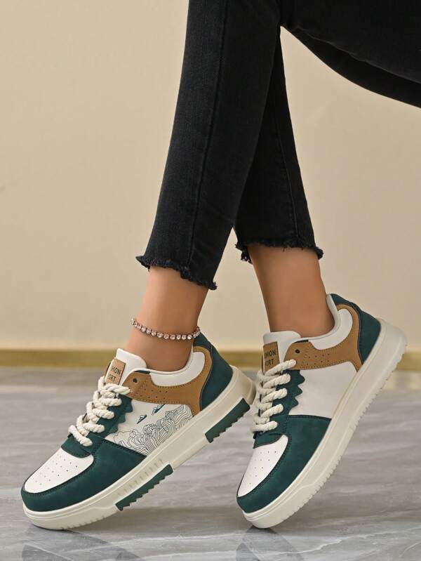 Women Fashion Contrast Color Splicing Casual Lace-Up Low-Top Sneakers, Comfortable Versatile Daily Campus Running Sports Shoes