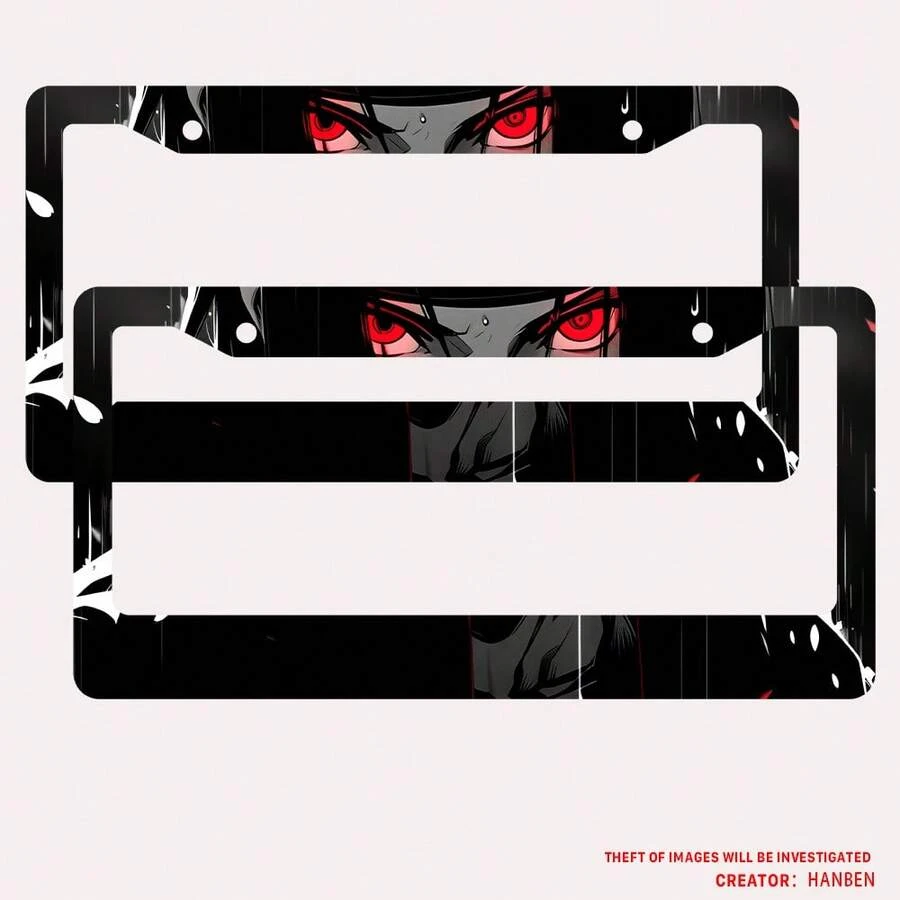 2PC Black Red Anime Eyes 2-Hole License Plate Frame Aluminum Material 6x12 Inches With Screw Set Cartoon Interesting Car Decoration Standard US License Plate Size - 12x6 Inch - View 1