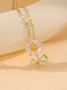 1pc Women's Fashionable Stainless Steel Chain Necklace With Fully Studded Cubic Zirconia Flower Pendant, Luxury & Vintage Style Steel Necklace Locking Collarbone, Slight Valentines,Mom,Mother,Mother's Day, - 金黃色 - 查看 5