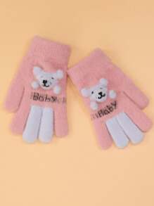 1 双儿童 6-12 岁保暖五指针织手套，可爱卡通设计，适合男孩和女孩，秋冬
