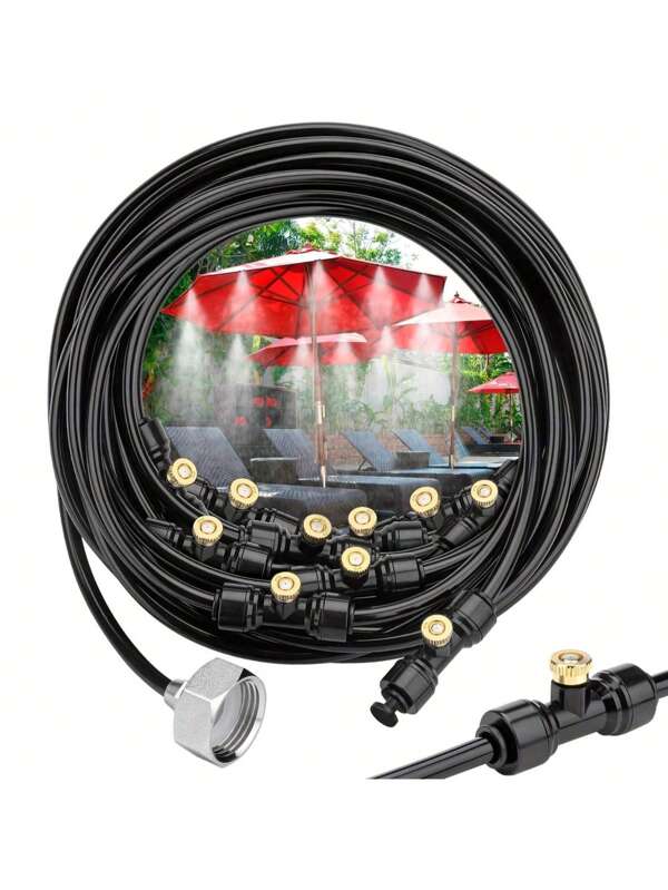 10m/32,8ft Nebelsystem mit 12 Messingstrahldüsen + 3/4 Zoll Messing Adapter, Außen Nebeldüse für Terrasse, Garten, Gewächshaus, Ventilator, Pavillon, Sonnenschirm, Trampolin und Wasserpark