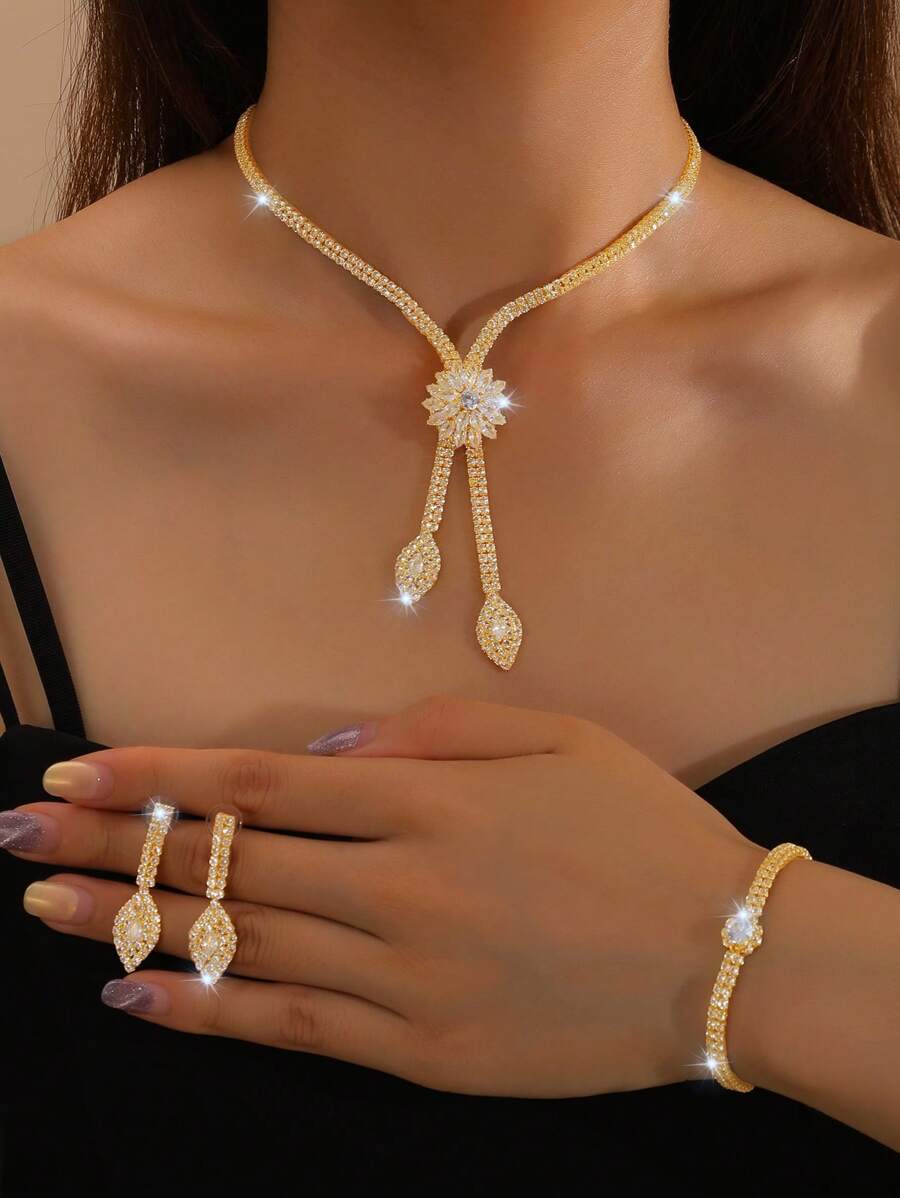 4 Pieces Women Wedding Jewelry Set Including Necklace, Earrings & Bracelet, Retro Style, Bride Accessories, Thanksgiving Gift Valentine's Day Accessories - Gold - View 1