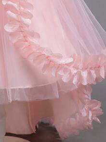 Young Girl Lace Beaded Petal Elegant Ombre Mini Dress, Flower Girl Wedding Party Princess Long Gown - Pink - View 7