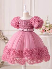 Girls' Floral Embroidery Princess Dress | Short Sleeve Party Gown With 3D Flower Sleeves & Tulle Skirt | Sparkly Waist Bow For Wedding, Graduation, Birthday (Ages 2-7) - Bụi hồng - Xem 3