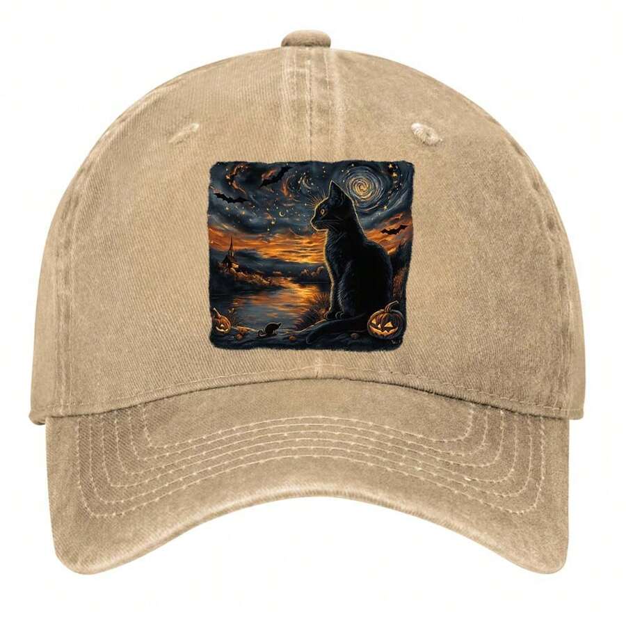 Black Cat And Jack-O'-Lanterns In A Spooky Night Landscape Hats Vintage Washed Baseball Cap