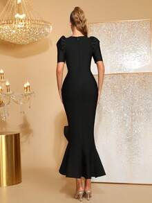 新款女士黑色性感方领泡泡袖手工串珠荷叶边伴娘礼服，适合婚礼、生日派对、宴会等场合。 - 黑色 - 查看 7