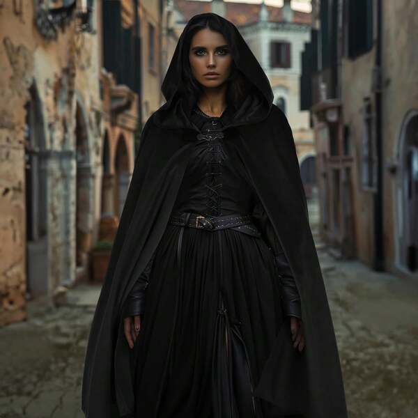 Capa con capucha estilo Renacimiento para disfraz de Halloween, capa de mago y bruja medieval para juegos de rol (material de una sola capa, 70.87 pulgadas de largo con sombrero incluido)