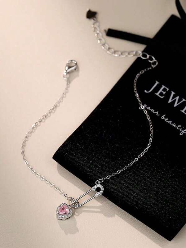1pc 925 Sterling Silver Diamond-Like Heart & Paperclip Design Bracelet, Luxury Zirconia Stones Decorated, Fashionable Women Jewelry Gift