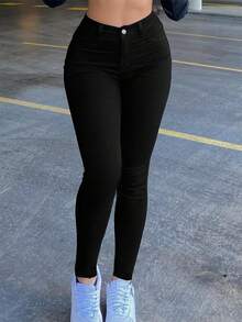 Women's Stretch Denim Pants - Slim Fit Women's Long Jeans With Multiple Pockets, Cuffed Hem, Zipper Closure,Able Casual Pants. - màu đen - Xem 1