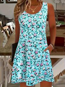 Women's Summer Sleeveless Floral Dress, Adorable Small - Flower Print, Ideal Vacation Outfits Women, Flowy Dress For Beach & Casual, Must - Have Summer Clothes,Casual Dresses For Women Summer - 藍色 - 查看 1