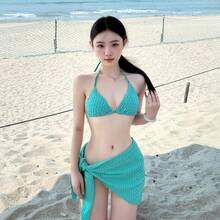 女性用水着、セクシービキニ、貧乳ギャザー、3点ホットガールスプリット3点セット、休暇温泉水着 - ミントグリーン(3点セット) - チェックする 1