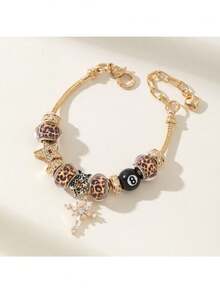 高级女士可调节时尚手链套装，适合所有场合，带有泳池、星星、十字架吊饰、豹纹和时间吊饰 - 彩色 - 查看 2