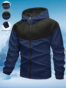 1pc Men's Colorblock Hooded Windbreaker Jacket, Water Resistant, For Autumn/Winter - Navy Blue - View 1