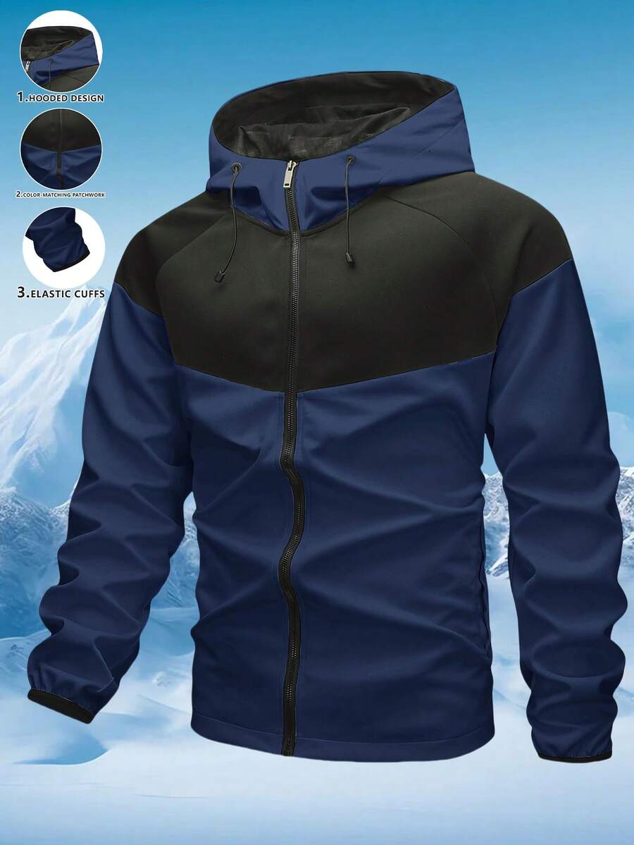 1pc Men's Colorblock Hooded Windbreaker Jacket, Water Resistant, For Autumn/Winter - Navy Blue - View 1