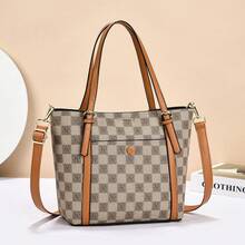 Women Tote Bags - 棋盤格-卡其拼黃 - 查看 2