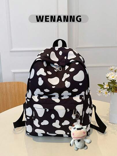 1 pieza Mochila de gran capacidad de uso versátil y multifuncional con compartimento para portátil, estilo clásico y a juego, con estampado de patrón de piel de vaca a todo color, de alta calidad en nylon, con correas ajustables, bolsillos espaciosos, impermeable y con diseño de correa para equipaje