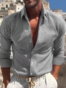 男士休闲条纹纹理面料衬衫，舒适柔软，亲肤透气，适合居家或户外穿着，休闲通勤皆宜，百搭简约优雅风格，宽松版型男士上衣 - 黑色 - 查看 4