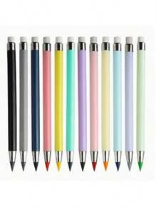 12 支黑色科技可擦铅笔，HB 马卡龙色永久铅笔，不易断笔芯，永不褪色，无需削尖，可连续书写，先进技术，带橡皮擦，适合学校和办公室，马卡龙色，休闲风格，创意设计返校，颜色和款式随机