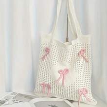 Butterfly-Decorated College Style Crochet Handbag, Solid-Color Polyester Fiber Single-Shoulder Bag, Foldable Fashionable Beach Bag, Vacation Girl Feel, Large Capacity Opening Design - 粉色 - 查看 1